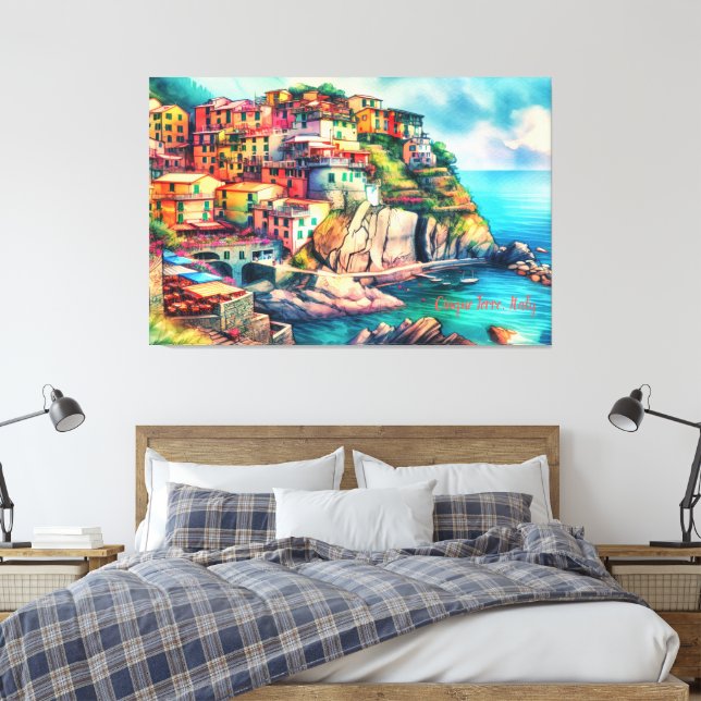 Coastal Charm Italy Cinque Terre Watercolor | Canvas Print (Insitu(Bedroom))