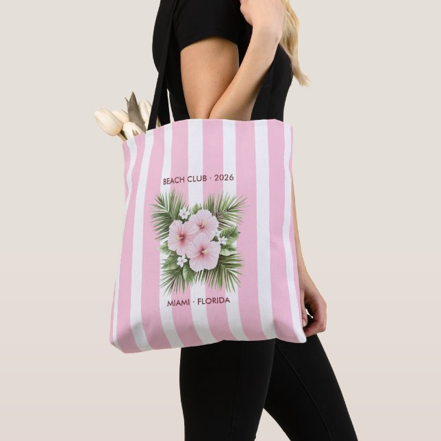 Coastal Chic Beach Club Pink Stripe Tropical Tote Bag (Close Up)