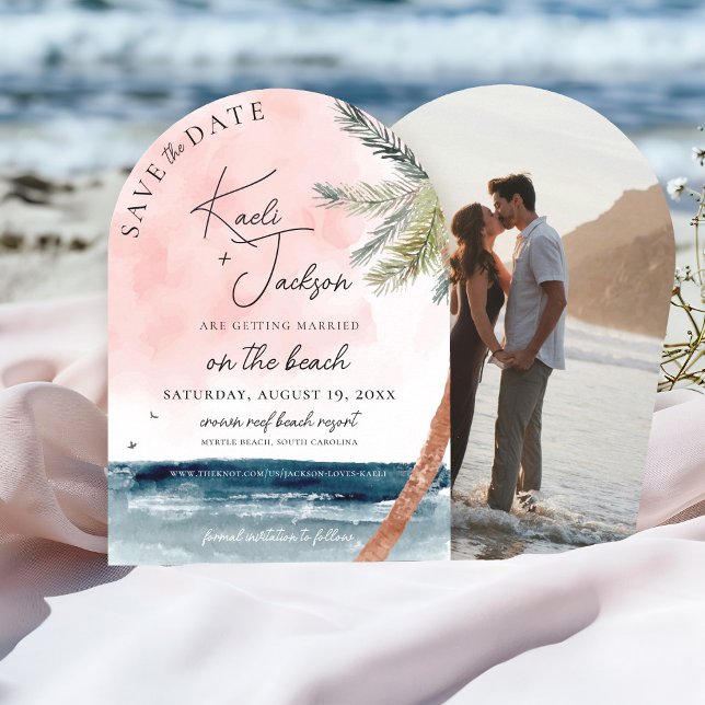 Coastal Chic Beach Photo Wedding Save the Date Invitation (Tropical beach watercolor palm trees navy ocean pink sunset photo wedding arch save the date)