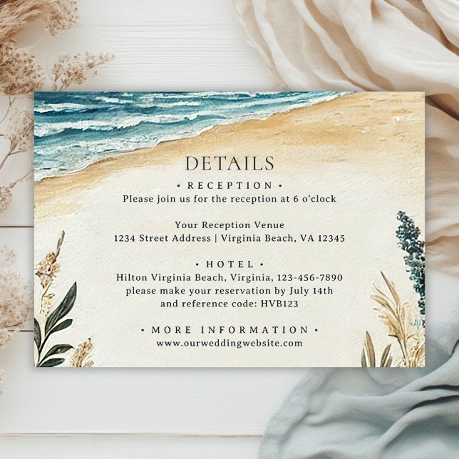Coastal Chic Beach Watercolor Wedding Details Enclosure Card (Front - Coastal Chic Beach Watercolor Wedding Details Enclosure Card)