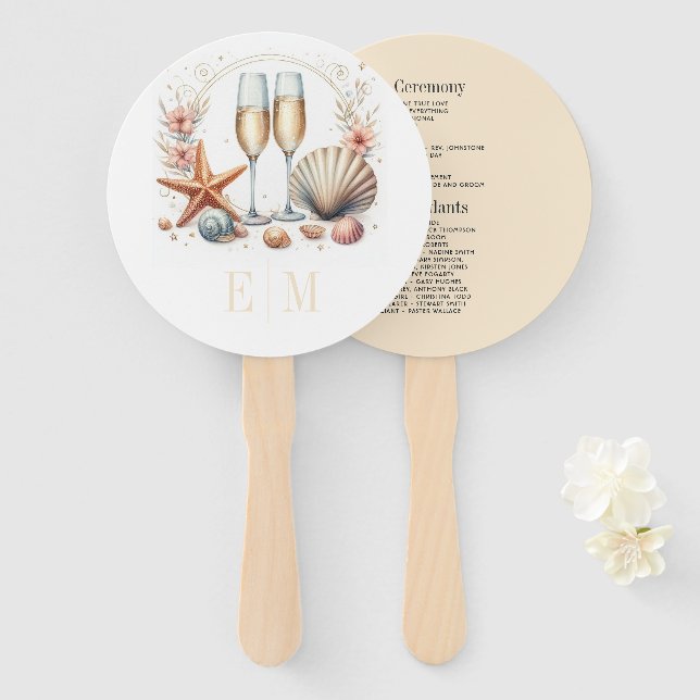 Coastal Chic Beach Wedding Program Hand Fan (Front and Back)