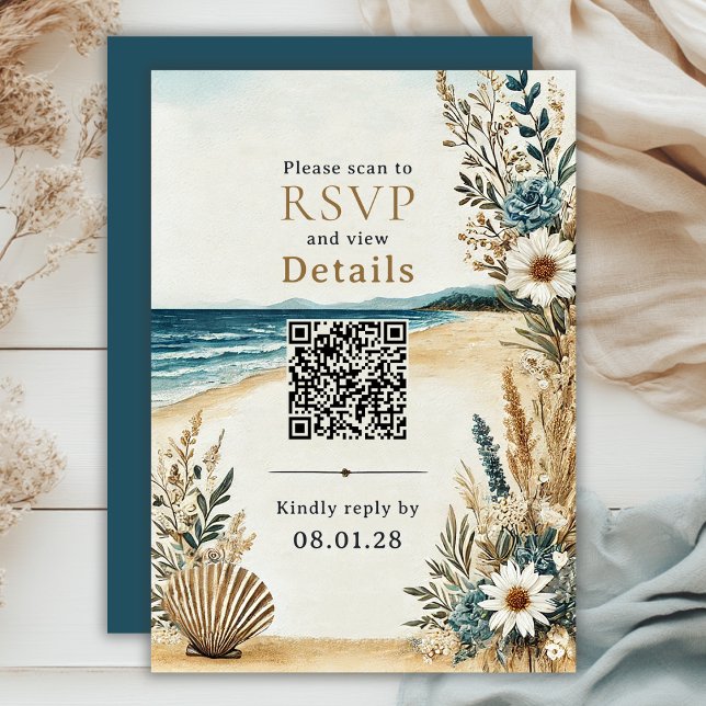 Coastal Chic Beach Wedding QR Code Details and RSVP Card (Coastal Chic Beach Wedding QR Code Details and RSVP Card)