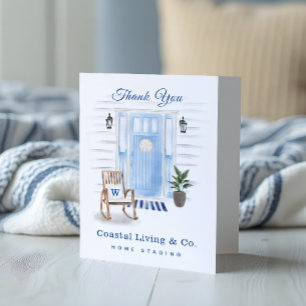 Coastal Chic Beachy Watercolor Blue Front Door Thank You Card