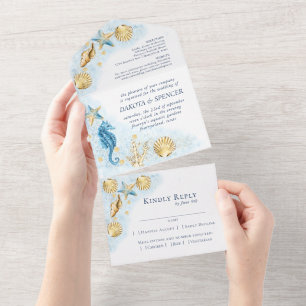 Coastal Chic   Blue and Gold Coral Reef Wedding Al All In One Invitation