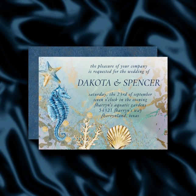 Coastal Chic | Blue and Gold Marble Coral Reef Invitation (Creator Uploaded)