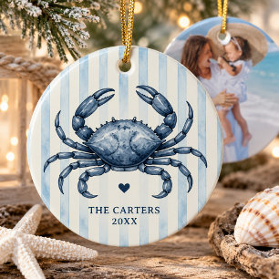 Coastal Chic Blue Crab Watercolor Stripe Photo Ceramic Tree Decoration