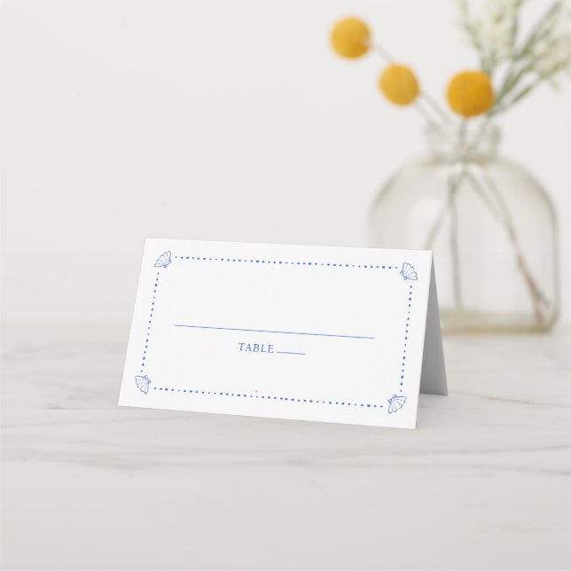 Coastal Chic Blue Minimalist Seashell Wedding Place Card (Front)