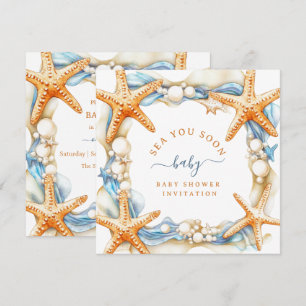 Coastal chic Blue Sea You Soon Baby Invitation