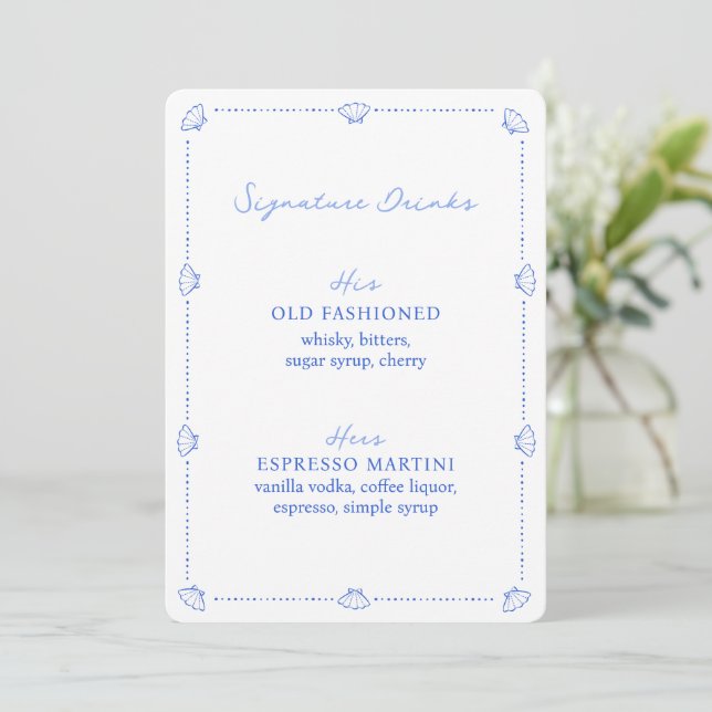 Coastal Chic Blue Wedding Signature Drinks Sign (Standing Front)