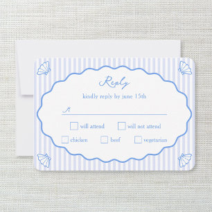 Coastal Chic Blue & White Striped Wavy Wedding RSVP Card