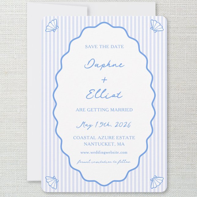 Coastal Chic Blue & White Striped Wavy Wedding Save The Date (Creator Uploaded)