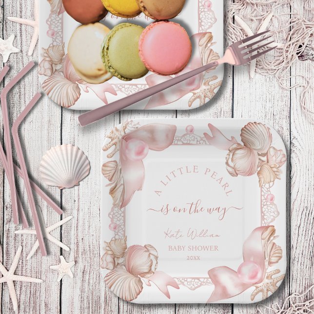 Coastal chic blush pink pearl Baby Shower Paper Plate (Creator Uploaded)