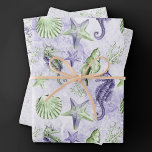 Coastal Chic | Cute Purple and Green Under the Sea Wrapping Paper Sheet<br><div class="desc">Whimsical lavender purple and lime green hand-painted nautical watercolor "under the sea" beach design brings a modern twist to an old theme. The collection features seashells, starfish, a seahorse, and coral reef in complimenting shades of deep purple and green with a splash of purple for a water effect. For other...</div>