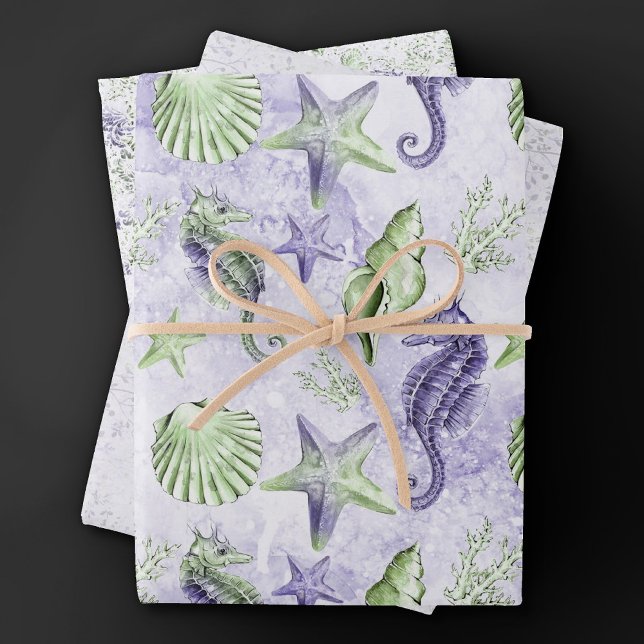 Coastal Chic | Cute Purple and Green Under the Sea Wrapping Paper Sheet (Creator Uploaded)