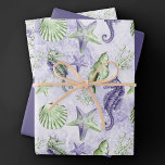 Coastal Chic | Fun Purple and Green Under the Sea Wrapping Paper Sheet<br><div class="desc">Whimsical lavender purple and lime green hand-painted nautical watercolor "under the sea" beach design brings a modern twist to an old theme. The collection features seashells, starfish, a seahorse, and coral reef in complimenting shades of deep purple and green with a splash of purple for a water effect. For other...</div>