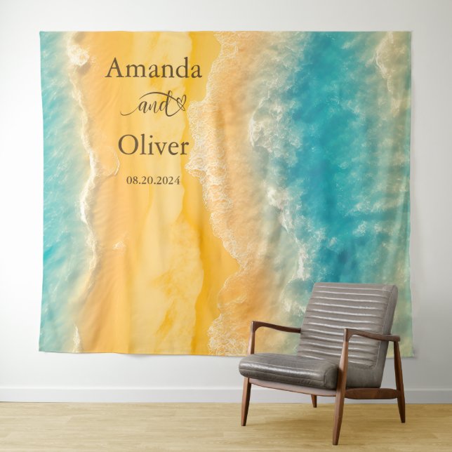 Coastal Chic Golden Sand Teal Wedding Backdrop Tapestry (In Situ (Horizontal))
