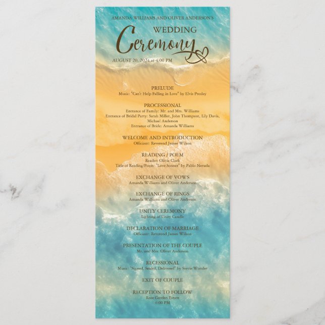 Coastal Chic Golden Sand Teal Wedding Ceremony Programme (Front)
