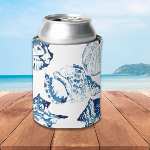 coastal chic indigo blue ocean watercolor seashell can cooler