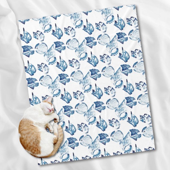 coastal chic indigo blue ocean watercolor seashell fleece blanket (coastal chic indigo blue ocean watercolor seashell fleece blanket)