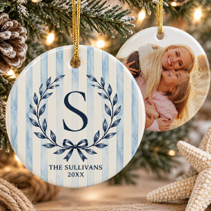 Coastal Chic Laurel Wreath Monogram Stripe Family Ceramic Tree Decoration