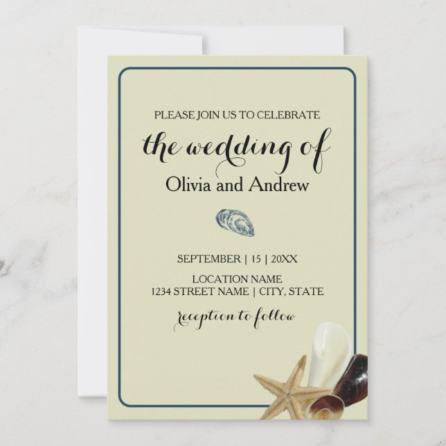 Coastal Chic Minimalist Sandy Blue Seashell Invitation (Front)