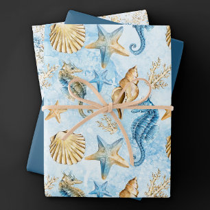Coastal Chic   Modern Blue and Gold Under the Sea Wrapping Paper Sheet