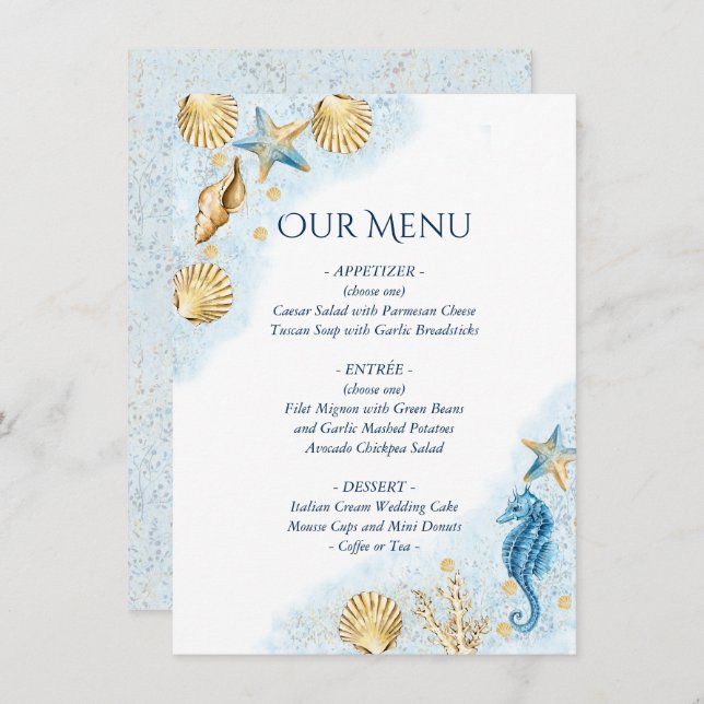 Coastal Chic | Modern Coral Reef Wedding Menu (Front/Back)