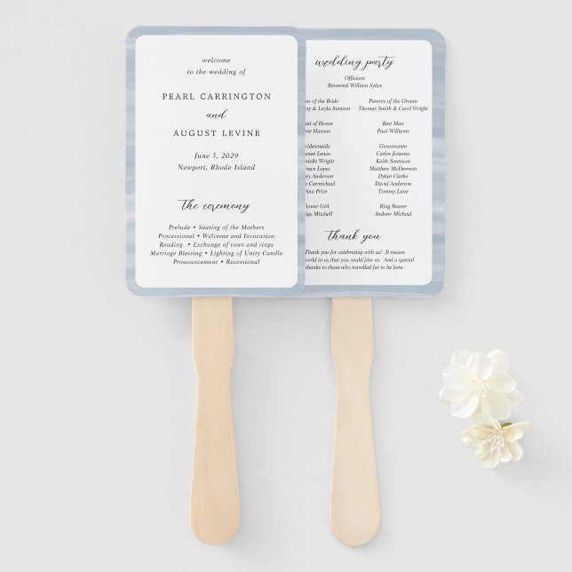 Coastal Chic Muted Blue Elegant Wedding Program Hand Fan (Front and Back)