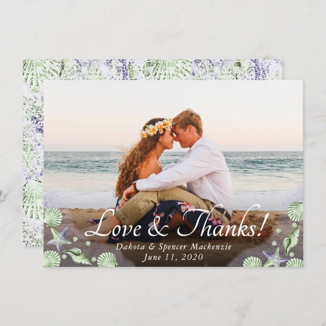 Coastal Chic | Purple and Lime Green Beach Wedding Thank You Card (Front/Back)