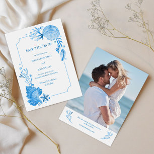 Coastal Chic Seaside Blue Seashells & Starfish Save The Date