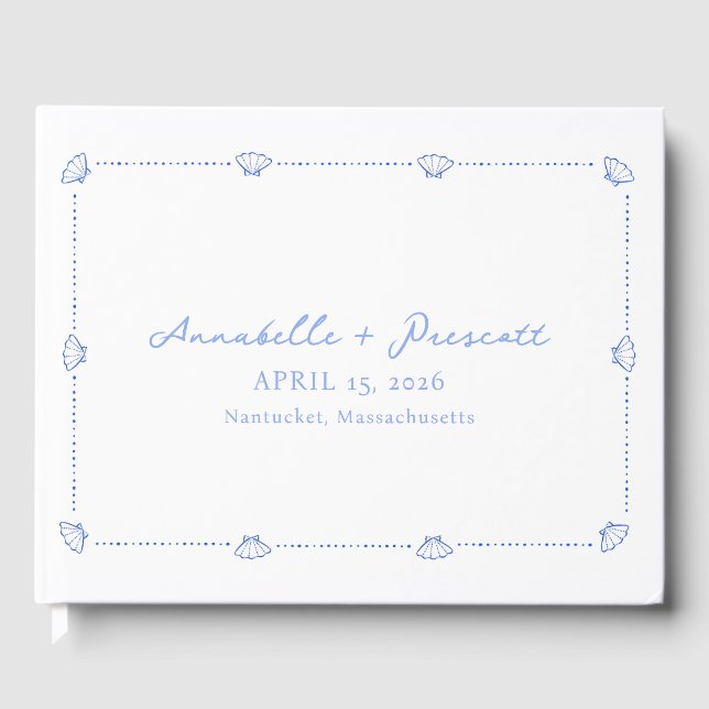 Coastal Chic Shell Border Elegant Blue Wedding Guest Book (Front)
