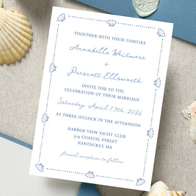 Coastal Chic Shell Border Elegant Blue Wedding Invitation (A nautical-inspired wedding invitation with delicate seashell details. Perfect for a classic wedding)