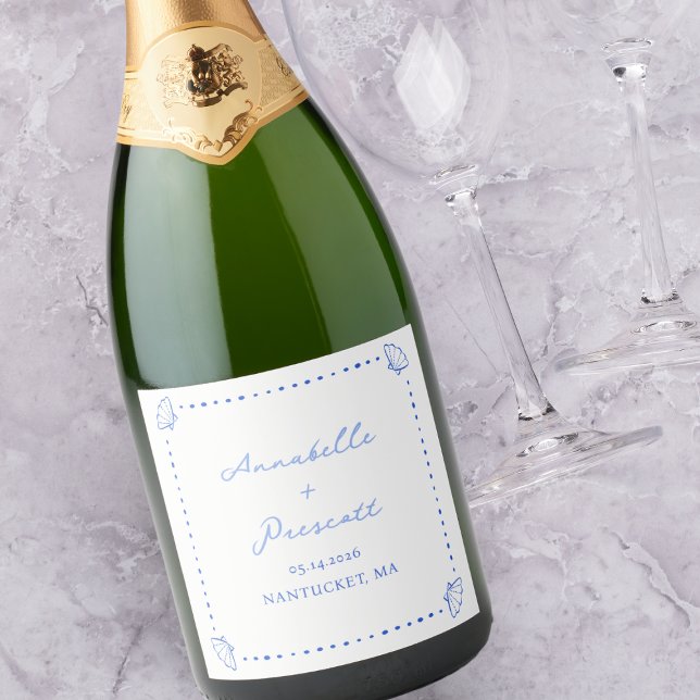 Coastal Chic Shell Border Personalised Wedding Sparkling Wine Label (Creator Uploaded)