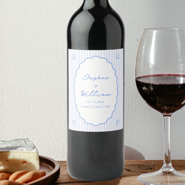 Coastal Chic Shell & Stripes Personalised Wedding Wine Label (Creator Uploaded)