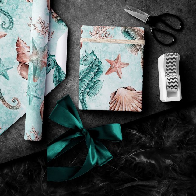 Coastal Chic | Teal and Coral Reef Pastel Pattern Wrapping Paper (Creator Uploaded)