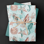 Coastal Chic | Teal and Coral Reef Pastel Pattern Wrapping Paper Sheet<br><div class="desc">Elegant dark teal, mint green, and copper rose gold hand-painted nautical watercolor "under the sea" beach design brings a modern twist to an old theme. The collection features seashells, starfish, a seahorse, and coral reef in complimenting shades of deep green and coral with a splash of mint green for a...</div>