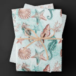 Coastal Chic | Teal and Coral Reef Pastel Pattern Wrapping Paper Sheet<br><div class="desc">Elegant dark teal, mint green, and copper rose gold hand-painted nautical watercolor "under the sea" beach design brings a modern twist to an old theme. The collection features seashells, starfish, a seahorse, and coral reef in complimenting shades of deep green and coral with a splash of mint green for a...</div>