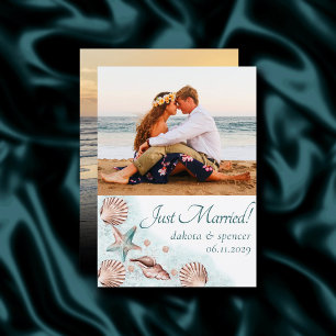 Coastal Chic Teal and Coral Reef Photo Wedding Announcement