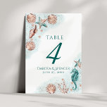 Coastal Chic | Teal Green and Coral Reef Reception Table Number<br><div class="desc">Elegant dark teal, mint green, and copper rose gold hand-painted nautical watercolor "under the sea" beach design brings a modern twist to an old theme. The collection features seashells, starfish, a seahorse, and coral reef in complimenting shades of deep green and coral with a splash of mint green for a...</div>