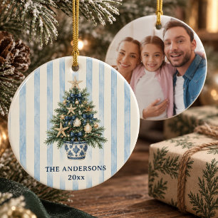 Coastal Chinoiserie Christmas Tree Family Photo Ceramic Tree Decoration