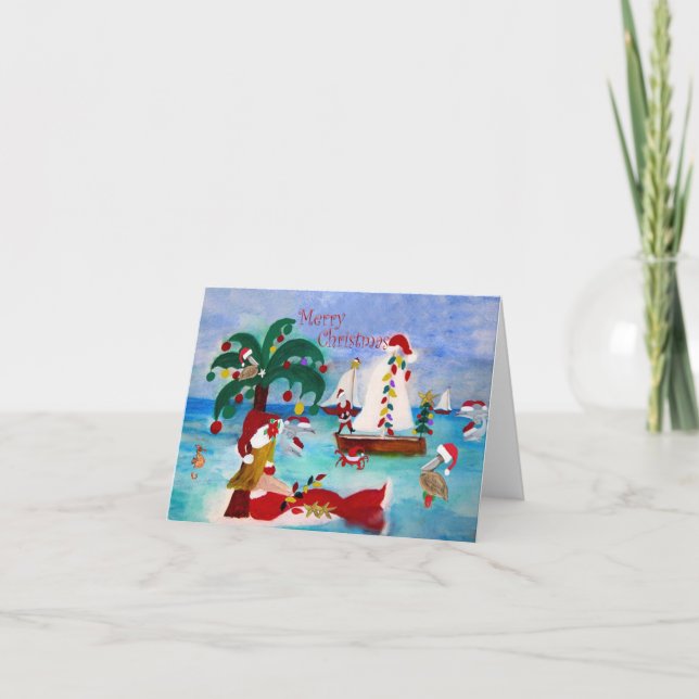 Coastal Chrismtas harbour Holiday boat parade card (Front)