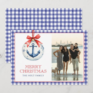 Coastal Christmas Anchor Ornament Gingham Photo Holiday Card