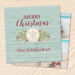 Coastal Christmas Beach Photo Holiday Card<br><div class="desc">A rustic coastal Christmas beach themed square Christmas card with the words merry Christmas on the front and room for 3 photos on the back.  Holiday Card is decorated with a pretty sand dollar and Christmas foliage. Personalise it with your name and photos. Designed for you by Blackberry Boulevard.</div>