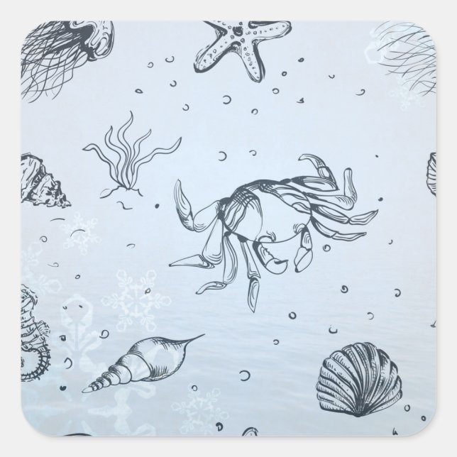 Coastal Christmas Beach Sea Creatures Blue Square Sticker (Front)