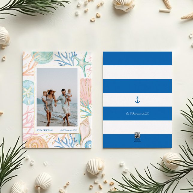 Coastal Christmas Beach Watercolor Seashell Photo (Coastal Christmas Beach Watercolor Seashell Photo Foil Holiday Card)
