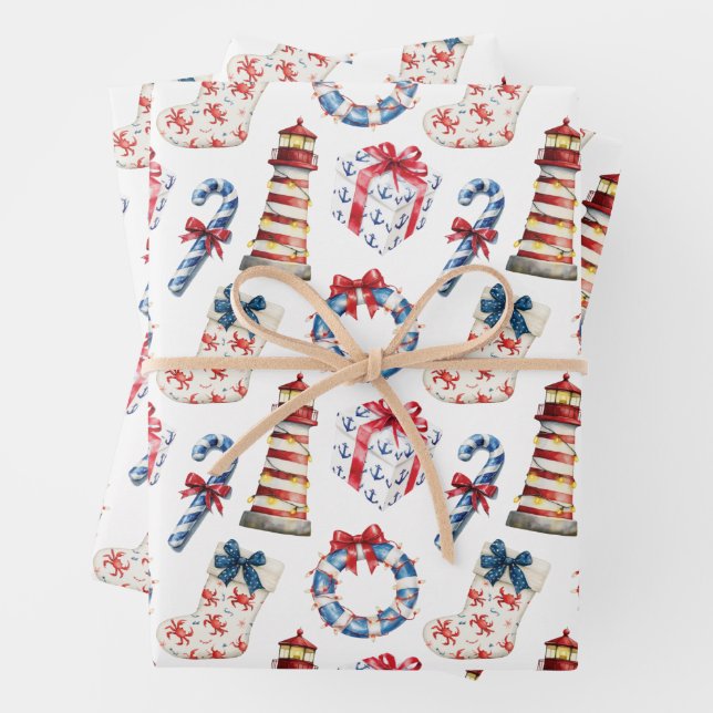 Coastal Christmas Blue and Red Nautical Wrapping Paper Sheet (In situ)