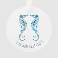 Coastal Christmas Blue Seahorse Watercolor