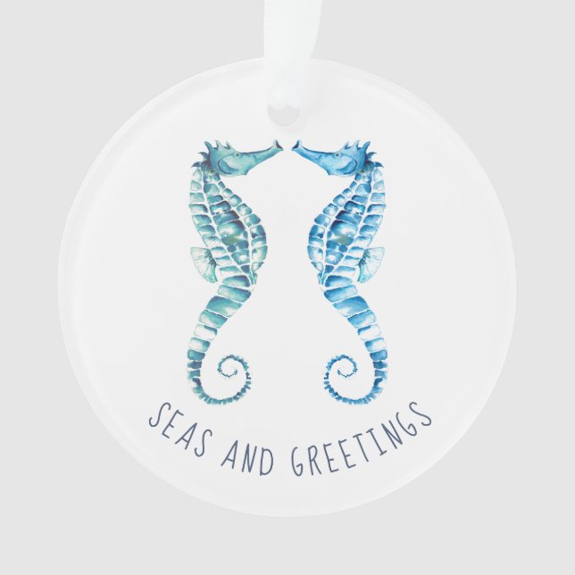 Coastal Christmas Blue Seahorse Watercolor Ornament (Front)
