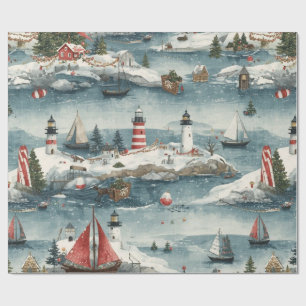 Coastal Christmas Blue Watercolor Nautical Wrapping Paper