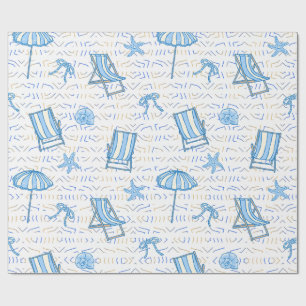 Coastal Christmas Blue Watercolor Seashells Wrapping Paper
